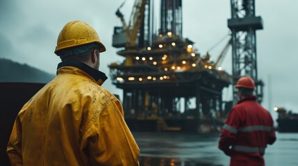 Obraz premium Two workers in rain gear stand under cloudy skies near an offshore oil rig during dusk