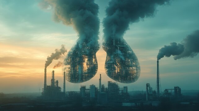 A symbolic image of factory smokestacks emitting pollution in the shape of burning human lungs, representing the harmful effects of air pollution on health.
