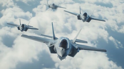 Fototapeta premium A formation of advanced fighter jets flying through clouds in a clear blue sky.