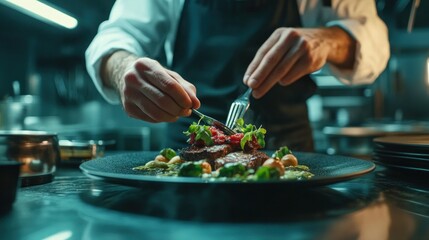 Chef Finishing a Gourmet Dish with a Fork