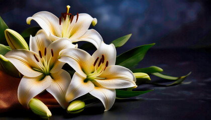 Fototapeta premium Solemn funeral white flowers and on dark background, memory and grief wallpaper.