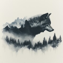 The outline of a wolf merging with the jagged peaks of Patagonia, where snow-dusted mountains blend into its sharp profile. White background. AR: 3:2. 