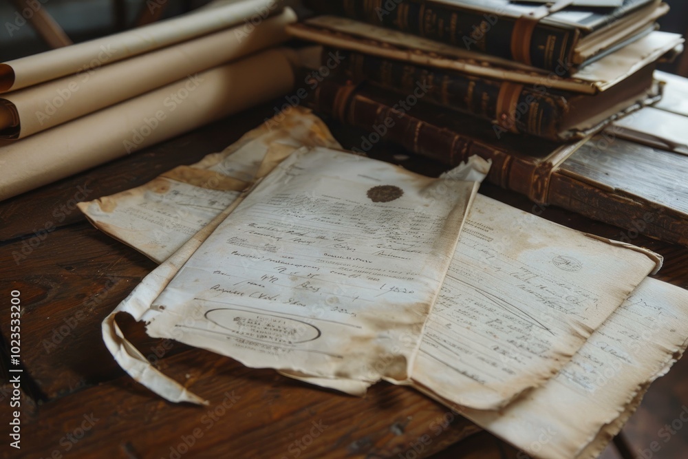 Poster old documents and papers are lying on a wooden table with a stack of books, creating a vintage and h
