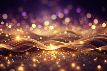 Obraz premium Golden waves on a dark purple background with gold dust particles, twinkling lights, bokeh effect, aerial view