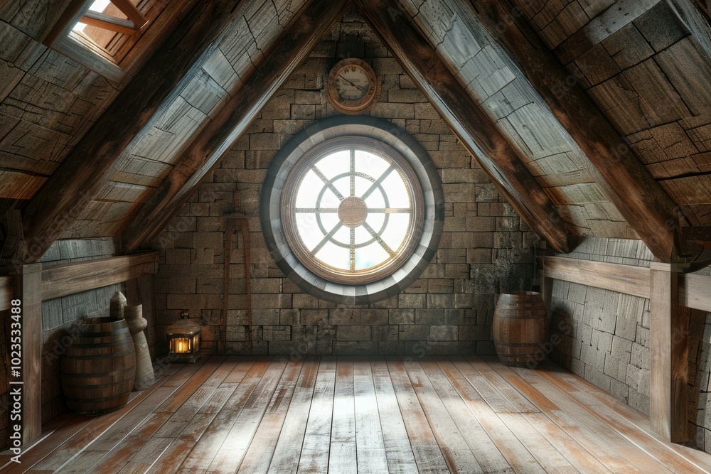 Poster sunlight streaming through round window and illuminating empty attic room with wooden floorboards