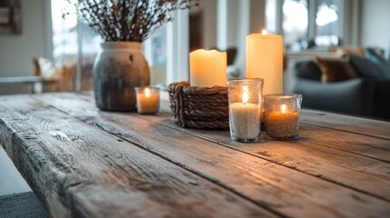 Rustic home decor, close-up of wooden table and rustic accents.