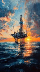 Oil Rig Silhouette at Sunset Over a Dramatic Ocean