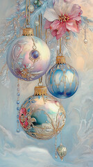 Vintage christmas decorations on a  background of frost.