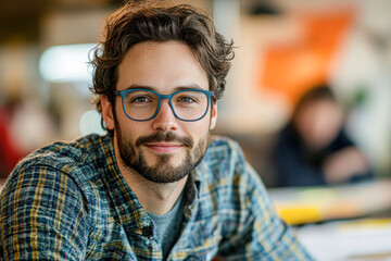 Fototapeta premium A man with glasses is smiling and wearing a plaid shirt