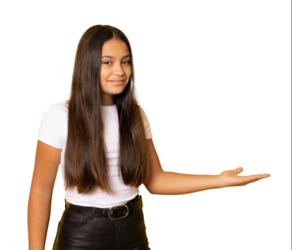 Brunette hispanic girl smiling cheerful presenting and pointing with palm of hand looking at the camera over transparent background. - Powered by Adobe