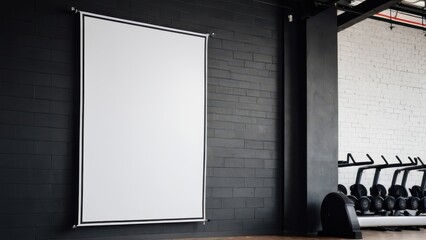Banners hanging in gym mockup, perfect for fitness branding or advertising. Showcase your designs on a blank banner displayed in a modern gym environment.