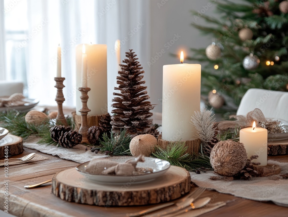 Wall mural Cozy festive holiday table decor for family dinner with elegant natural rustic elements and burning candles