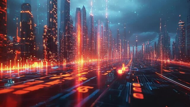Abstract glowing digital binary code flowing upward from circuit board reflecting a futuristic cityscape with skyscrapers at night