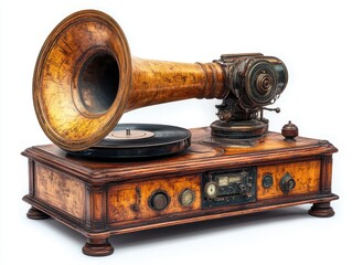 A single antique gramophone with a vintage design, evoking nostalgia and charm, isolated on white background. 