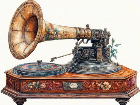 A single antique gramophone with a vintage design, evoking nostalgia and charm, isolated on white background. 