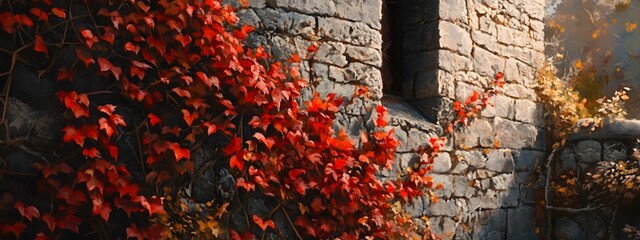 Obraz premium The red ivy on the stone wall is lush and vibrant, creating an eye-catching visual effect in autumn
