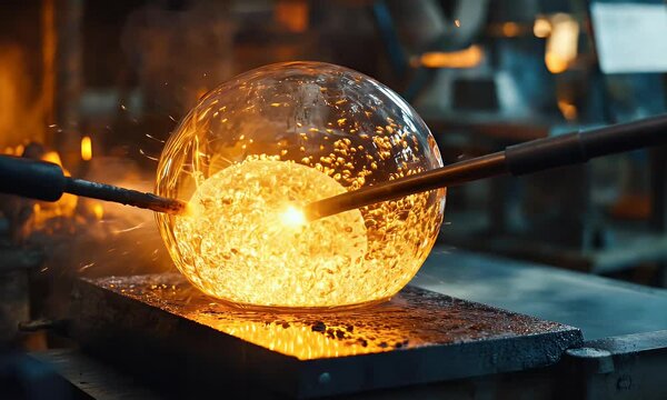 A glassblower shaping a glowing, molten glass orb in a workshop.