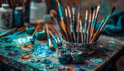 Fototapeta premium Exploring a creative artist s studio filled with brushes, paints, and incomplete masterpieces