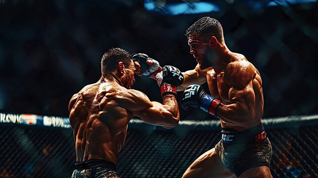 Two professional mma fighters aggressively exchanging punches during fight