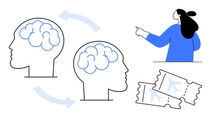 Two outlined human heads with a brain inside, arrows indicating idea exchange, a person pointing, and two airplane tickets underscore collaboration. Ideal for travel planning teamwork brainstorming