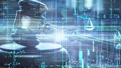 A digital representation of a gavel with overlays of data, symbols, and legal imagery, suggesting the intersection of law and technology.