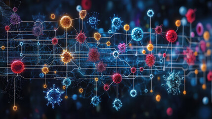 Fototapeta premium This abstract visualization features microorganisms connected by network lines, representing scientific research and technology in digital art