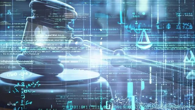 A digital representation of a gavel with overlays of data, symbols, and legal imagery, suggesting the intersection of law and technology.