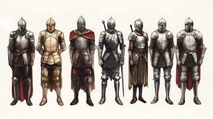 A lineup of various armored knights showcasing different styles and designs.