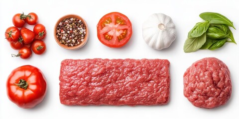Fresh ingredients including ground meat, tomatoes, garlic, and herbs arranged on a white background.