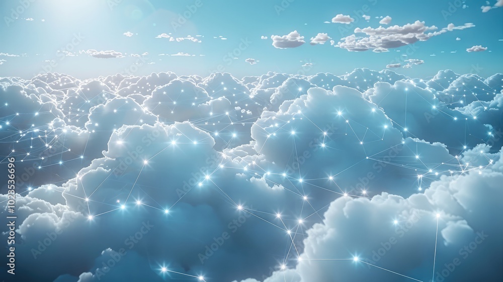 Leinwandbilder a digital concept of cloud computing, with white clouds floating in a clear blue sky, all connected 