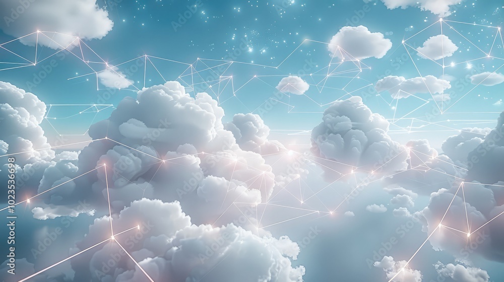Poster a digital concept of cloud computing, with white clouds floating in a clear blue sky, all connected 