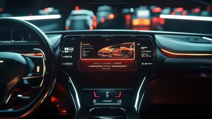 A futuristic dashboard displaying an adaptive cruise control interface for autonomous cars, with sleek holographic indicators showing speed adjustments, surrounding traffic.