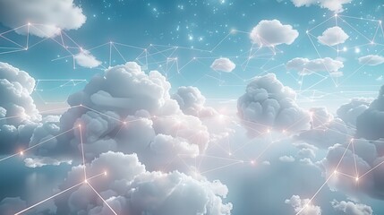 A digital concept of cloud computing, with white clouds floating in a clear blue sky, all connected by glowing network cables. The cables stretch between the clouds.