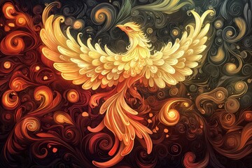 Golden Phoenix Rising from Swirling Flames