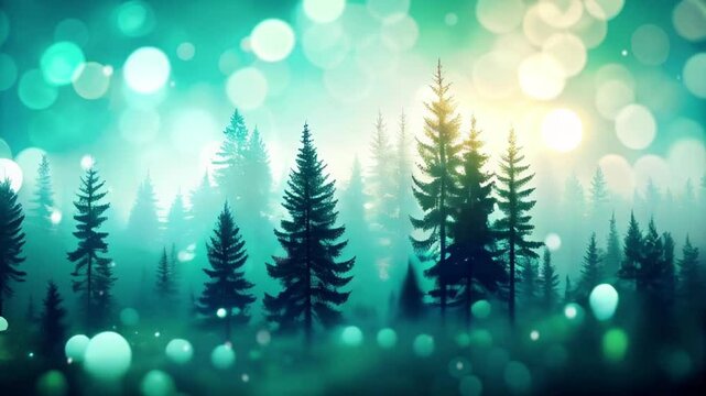 Forest pine trees in the fog, magical atmosphere blurred background, slow moving video.