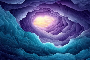 Fototapeta premium A Vivid Abstract Depiction of a Mountain Range with a Sunset Sky Visible Through a Crevice