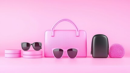 Stylish pink accessories including a handbag and sunglasses on a vibrant pink background.