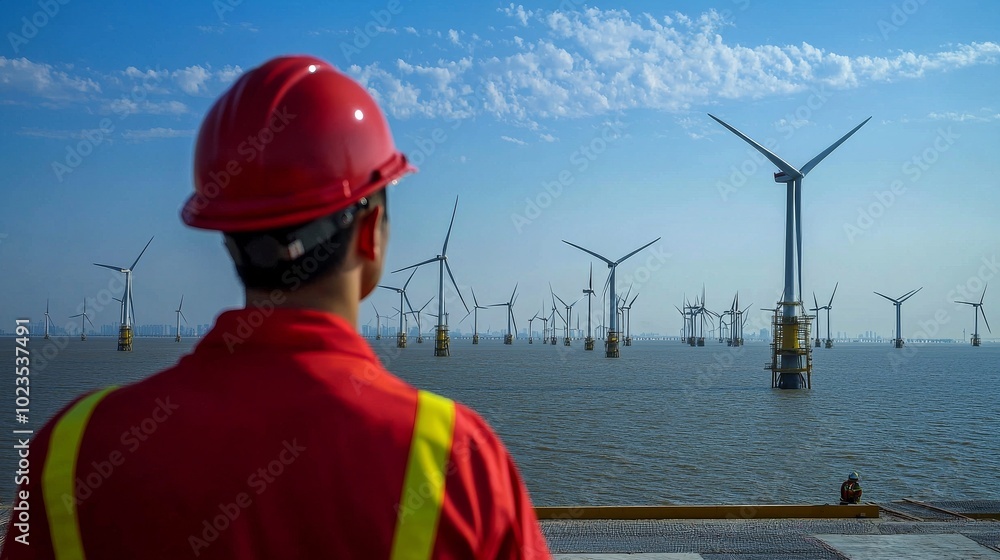 Wall mural a futuristic wind farm development in china, engineers overseeing massive turbine installations, sig