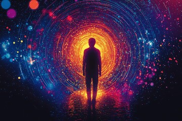 Silhouette of a Person Standing in a Circular Light Tunnel with Colorful Sparkles