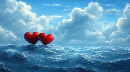 Fototapeta premium In a serene ocean setting, two bright red hearts gently bob on the waves, surrounded by a stunning blue sky dotted with fluffy white clouds, creating a romantic and peaceful atmosphere.