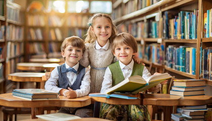 Three cheerful children reading books together in a vibrant library surrounded by shelves filled with colorful literature