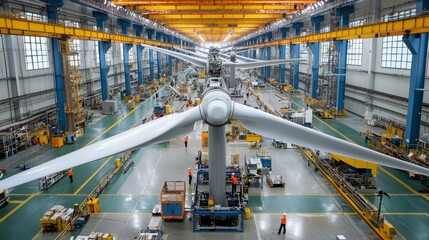 a massive assembly line in China top wind turbine manufacturing plant, turbines being prepared for export, with workers overseeing the production.