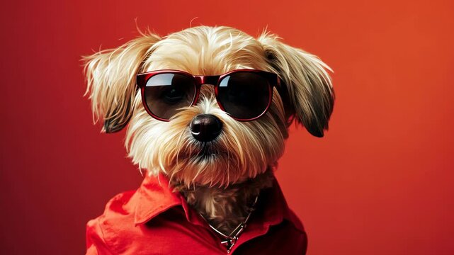 A small dog wearing sunglasses and a red shirt looks directly at the camera