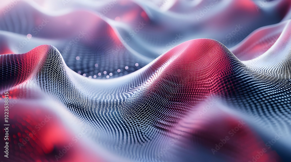 Poster abstract 3d grid background with wavy lines and purple and red color