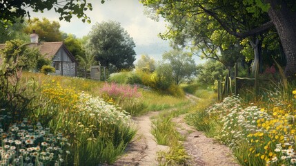 Fototapeta premium Rustic Charm Serene Country Lane with Wildflowers and Old Farmhouse