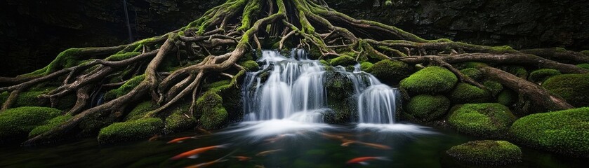 Fototapeta premium A tranquil scene of cascading water, moss-covered rocks, and intricate tree roots, embodying the serenity of nature