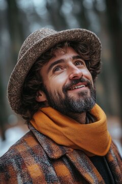 Wearing a cozy hat and scarf, a man enjoys a serene stroll in a snowy forest. His cheerful expression captures the tranquility of nature as he admires the tall trees surrounding him and the gentle bea