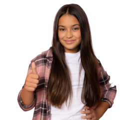 Brunette hispanic girl showing thumb up isolated over transparent background.