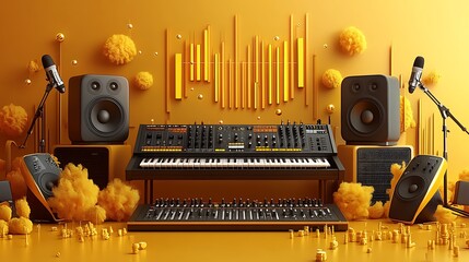 A detailed illustration of a modern digital music production setup, featuring MIDI controllers, audio interfaces,