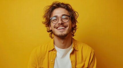 Obraz premium A cheerful young man with curly hair and glasses is smiling broadly while wearing a yellow button-up shirt. He poses confidently against a vibrant yellow backdrop, creating a joyful and warm atmospher